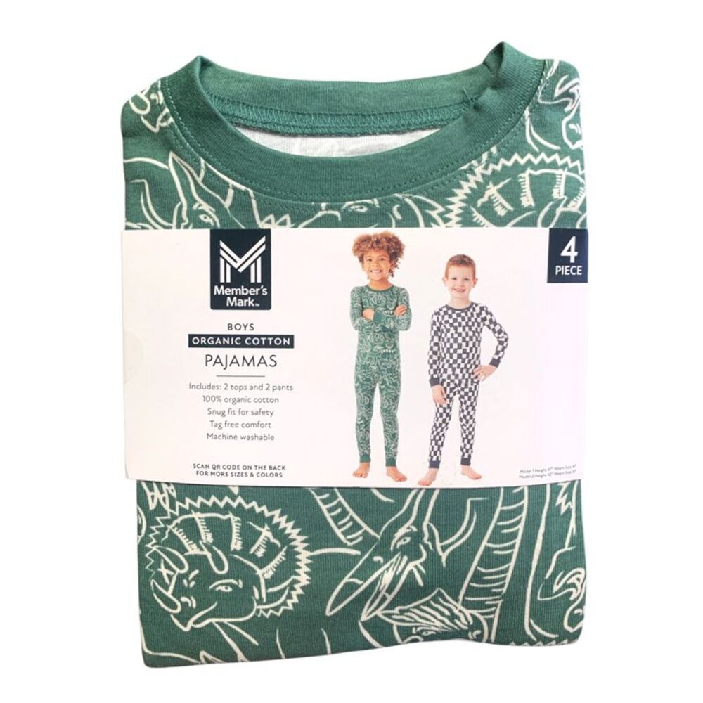 Dino/Check - Member's Mark Boys Organic Cotton Pajamas 4-Piece, 100% Organic Cot